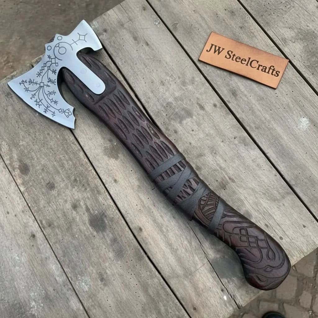 Engraved Leviathan Axe Replica with Carved Wood Handle