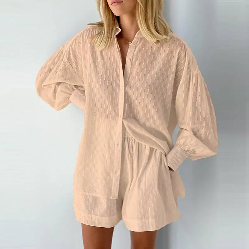 Lantern Sleeve Loose Shirt and Short Set 2 Piece Outfits