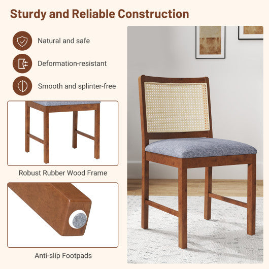 Rattan Dining Chair Set of 2 with Rubber Wood Frame and Linen Fabric Padded Seat-Walnut