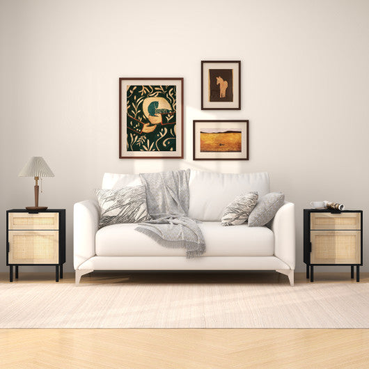 Rattan Nightstand Set of 2 with Drawer and Cabinet-Natural