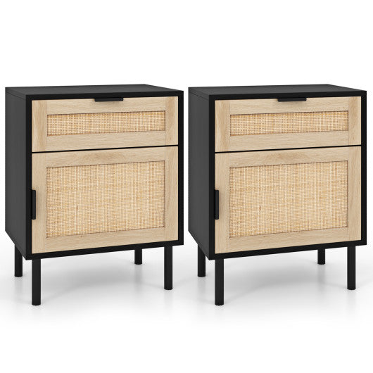 Rattan Nightstand Set of 2 with Drawer and Cabinet-Natural