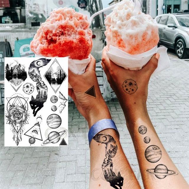 Realistic Black Temporary Small Big Tattoos Space Planets Animals Tatoos Waterproof Face Hands Tattoos For Girls Mens