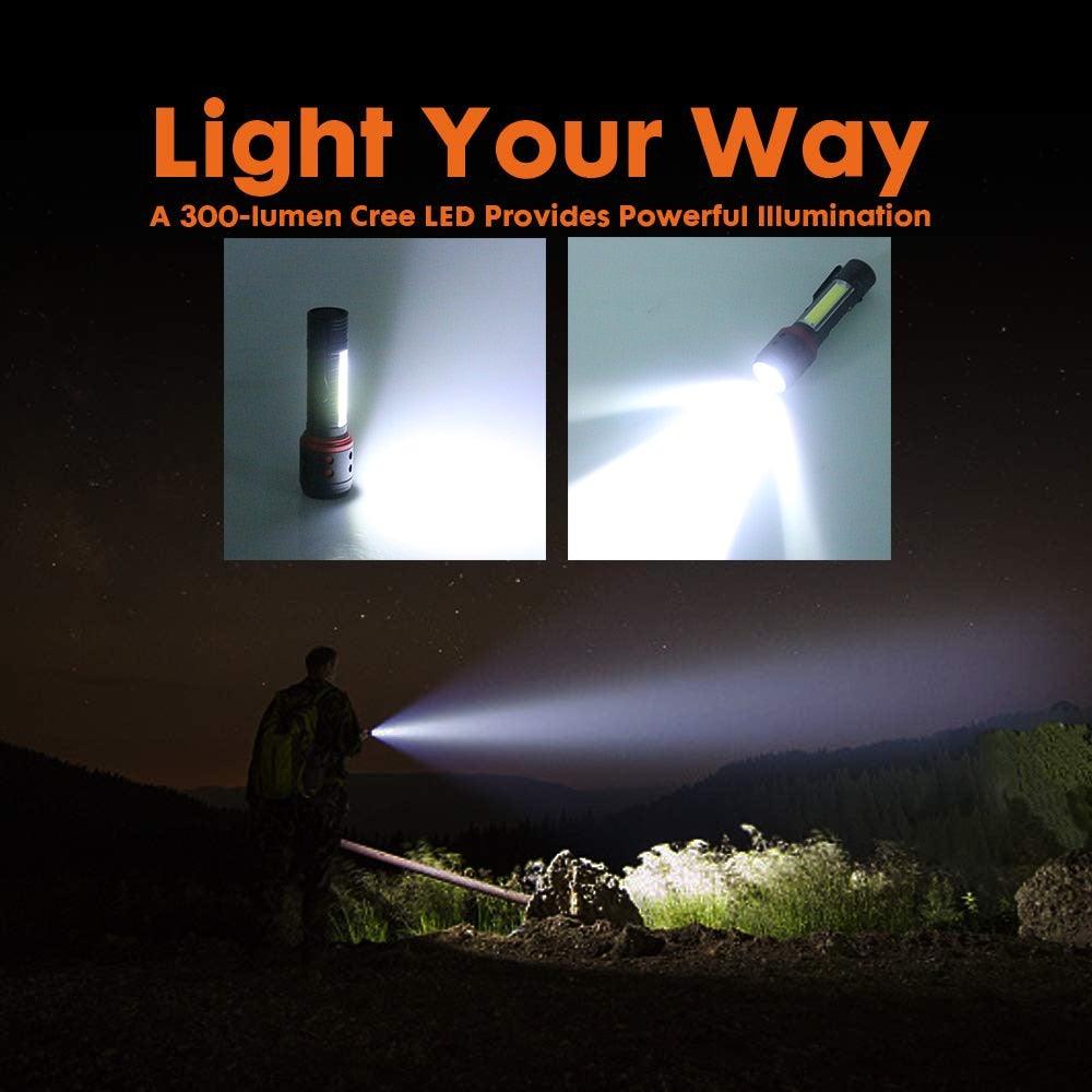 Rechargeable Adjustable LED Flashlight with Worklight Mini LED 4 Lighting Modes Flashlight with Water-Resistant COB Side Light Portable Zoomable High Lumens Lamp For Camping Hiking