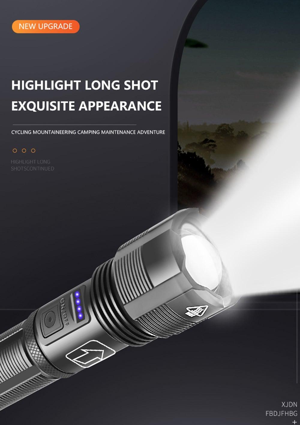 Rechargeable Adjustable Led Flashlights With High Lumen With Battery Display Super Bright Waterproof Flashlight 5 Lighting Modes For Adventure Hiking Camping Hunting New Design