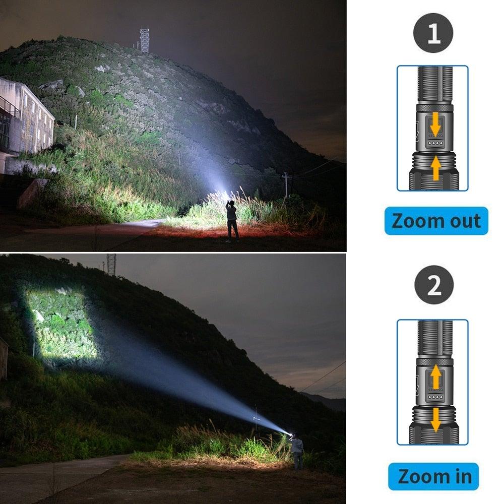 Rechargeable Adjustable Led Flashlights With High Lumen With Battery Display Super Bright Waterproof Flashlight 5 Lighting Modes For Adventure Hiking Camping Hunting New Design