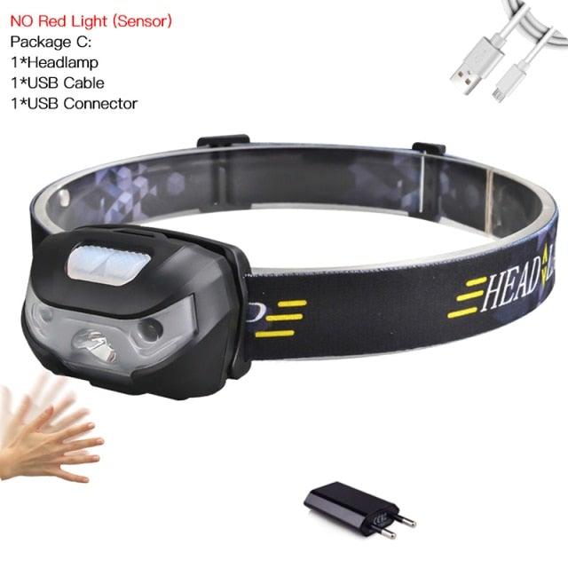 Rechargeable Adjustable LED USB Headlight Powerfull Elastic High Lumens Headband Headlamp Motion Sensor Flashlight For Adults Kids Running Camping Hiking Camping