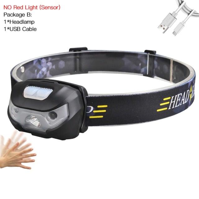 Rechargeable Adjustable LED USB Headlight Powerfull Elastic High Lumens Headband Headlamp Motion Sensor Flashlight For Adults Kids Running Camping Hiking Camping