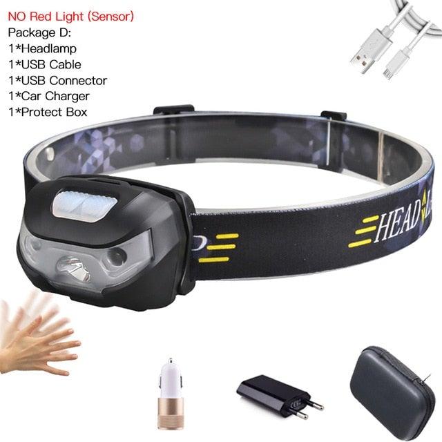 Rechargeable Adjustable LED USB Headlight Powerfull Elastic High Lumens Headband Headlamp Motion Sensor Flashlight For Adults Kids Running Camping Hiking Camping