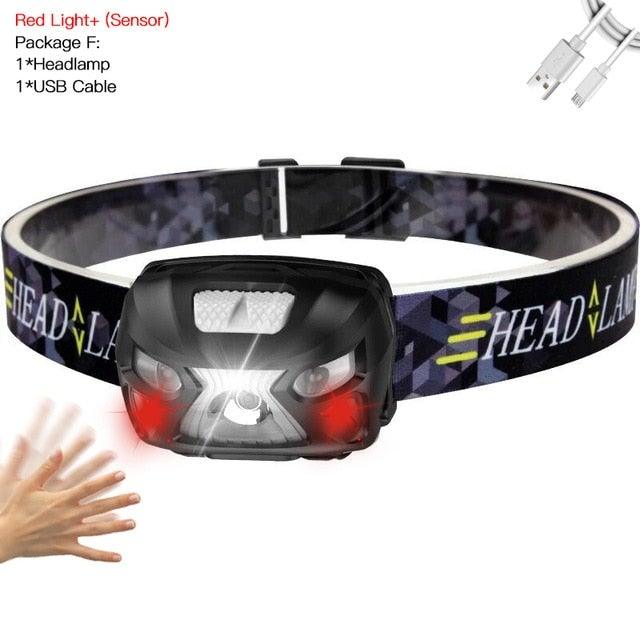 Rechargeable Adjustable LED USB Headlight Powerfull Elastic High Lumens Headband Headlamp Motion Sensor Flashlight For Adults Kids Running Camping Hiking Camping