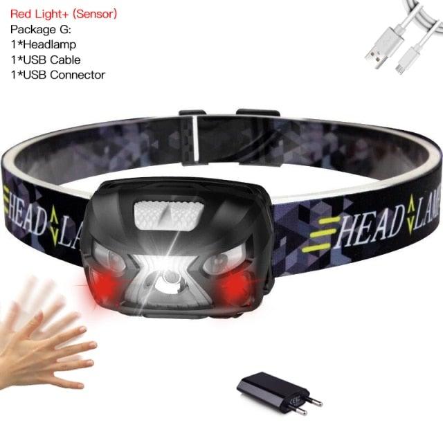 Rechargeable Adjustable LED USB Headlight Powerfull Elastic High Lumens Headband Headlamp Motion Sensor Flashlight For Adults Kids Running Camping Hiking Camping