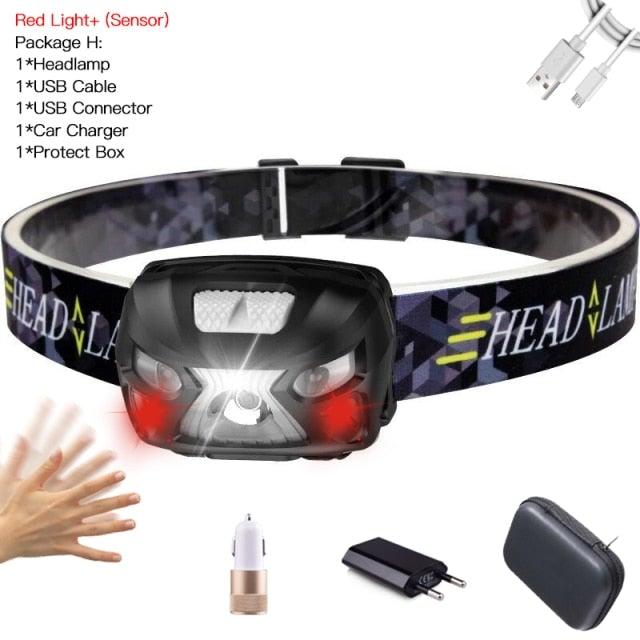 Rechargeable Adjustable LED USB Headlight Powerfull Elastic High Lumens Headband Headlamp Motion Sensor Flashlight For Adults Kids Running Camping Hiking Camping