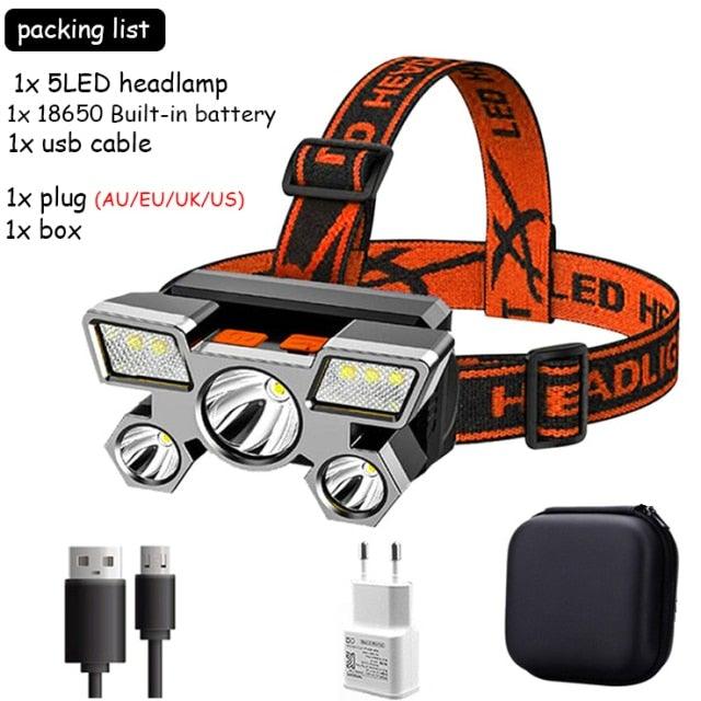 Rechargeable Adjustable USB 5LED Headlamp with High Lumen Handsfree Waterproof Portable Ability Focusing Ring Headlight Flashlight Torchlight For Outdoor Camping Hiking Running Headlight