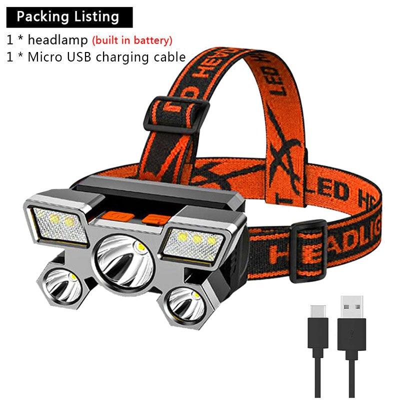 Rechargeable Adjustable USB 5LED Headlamp with High Lumen Handsfree Waterproof Portable Ability Focusing Ring Headlight Flashlight Torchlight For Outdoor Camping Hiking Running Headlight