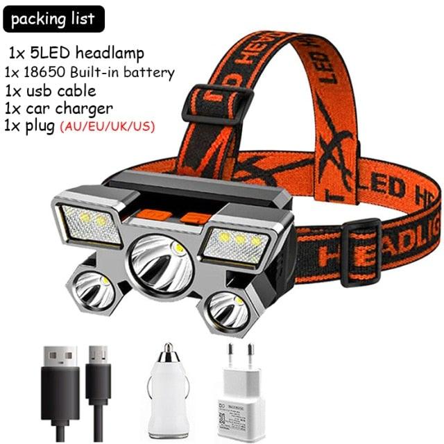 Rechargeable Adjustable USB 5LED Headlamp with High Lumen Handsfree Waterproof Portable Ability Focusing Ring Headlight Flashlight Torchlight For Outdoor Camping Hiking Running Headlight