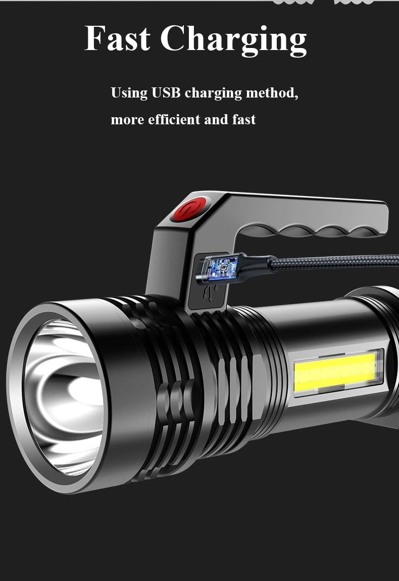 Rechargeable Handheld Flashlights Waterproof 3 Switch Mode Powerful High Lumens Spotlight Fashlight High Power Portable LED Waterproof Outdoor Long Lasting Spot Light Flashlight For Home & Outdoor Use