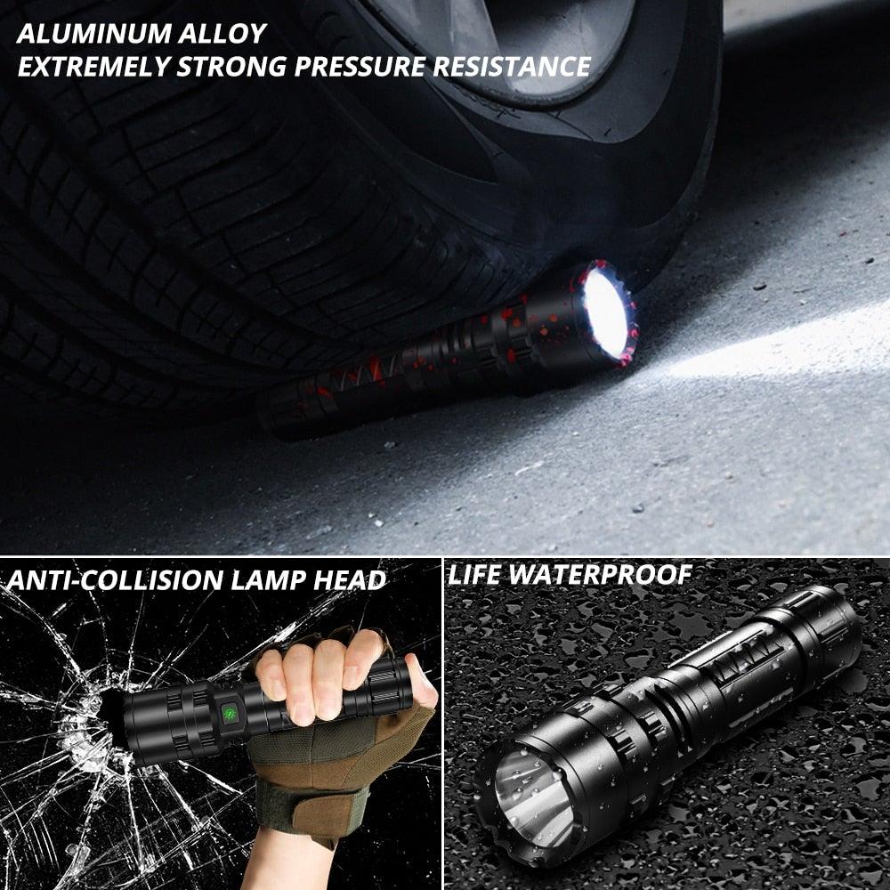 Rechargeable LED Tactical Flashlights Waterproof Powerful High Lumen Super Bright Power LED Aluminum Flashlight For Hiking Outdoor Camping Fishing Jogging Running HouseholdPowerful Light