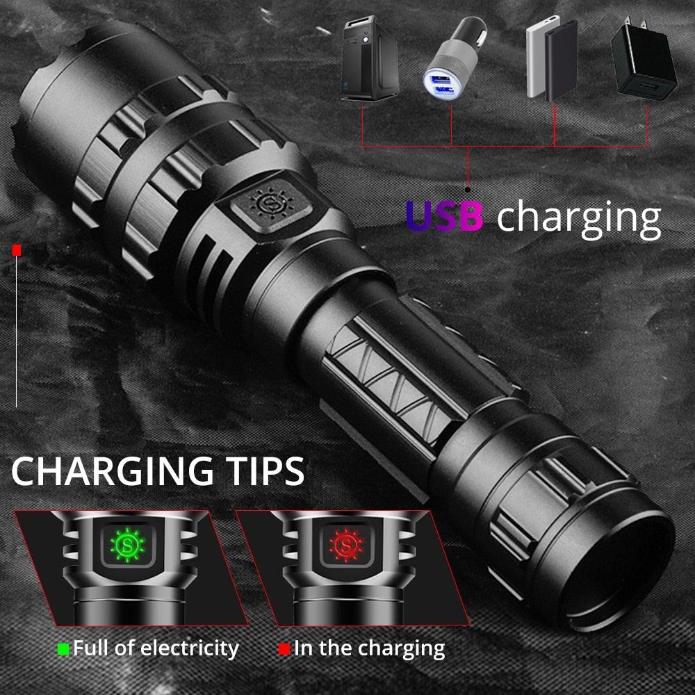 Rechargeable LED Tactical Flashlights Waterproof Powerful High Lumen Super Bright Power LED Aluminum Flashlight For Hiking Outdoor Camping Fishing Jogging Running HouseholdPowerful Light