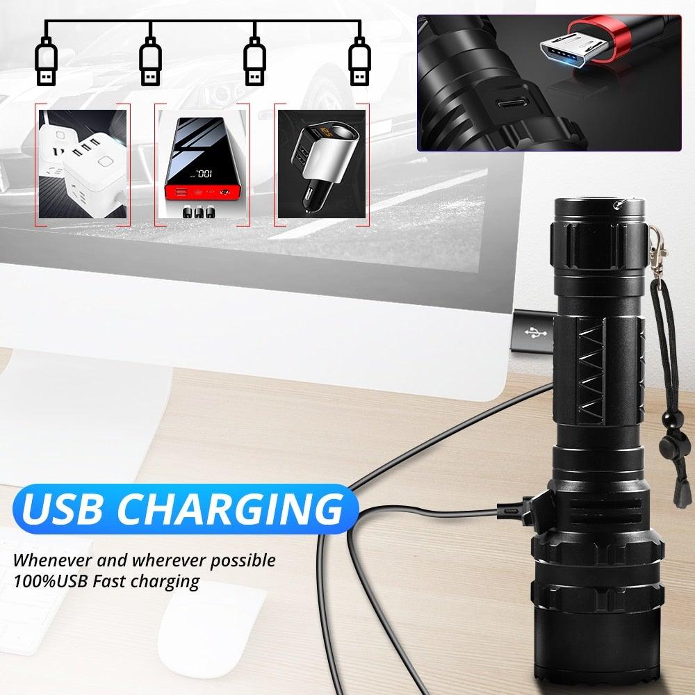Rechargeable LED Tactical Flashlights Waterproof Powerful High Lumen Super Bright Power LED Aluminum Flashlight For Hiking Outdoor Camping Fishing Jogging Running HouseholdPowerful Light
