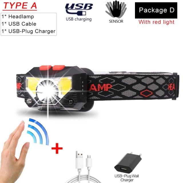 Rechargeable Powerful USB LED High Lumen Headlamp Ultra-Light Bright Headlight Waterproof Sensor Head Light For Outdoors Camping Running Hiking Biking Fishing