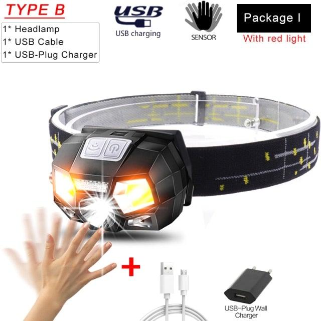 Rechargeable Powerful USB LED High Lumen Headlamp Ultra-Light Bright Headlight Waterproof Sensor Head Light For Outdoors Camping Running Hiking Biking Fishing