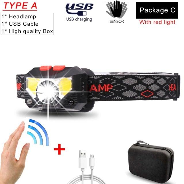 Rechargeable Powerful USB LED High Lumen Headlamp Ultra-Light Bright Headlight Waterproof Sensor Head Light For Outdoors Camping Running Hiking Biking Fishing