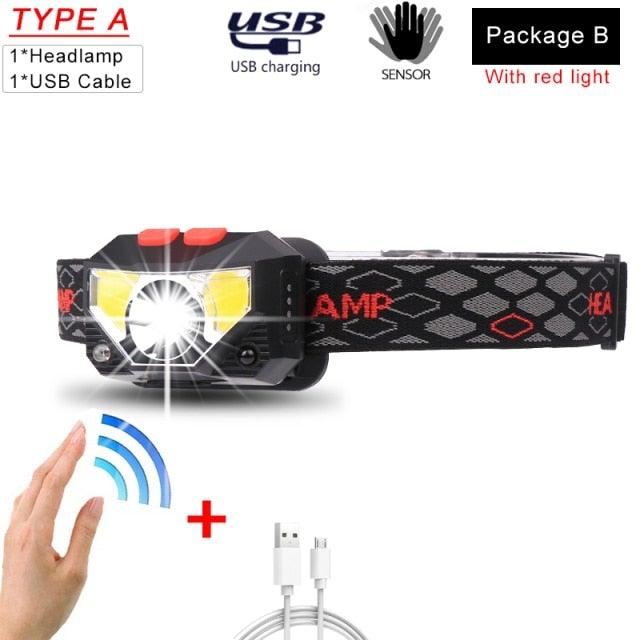 Rechargeable Powerful USB LED High Lumen Headlamp Ultra-Light Bright Headlight Waterproof Sensor Head Light For Outdoors Camping Running Hiking Biking Fishing