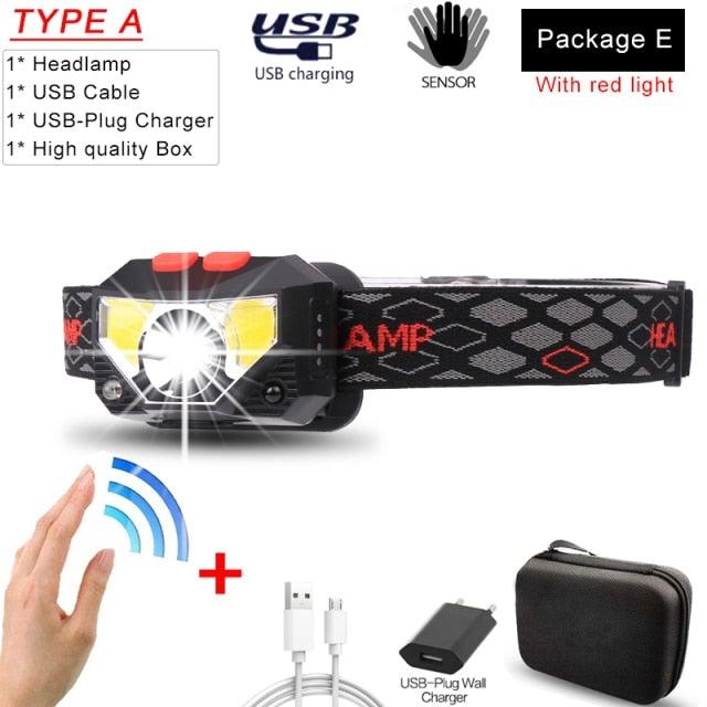Rechargeable Powerful USB LED High Lumen Headlamp Ultra-Light Bright Headlight Waterproof Sensor Head Light For Outdoors Camping Running Hiking Biking Fishing