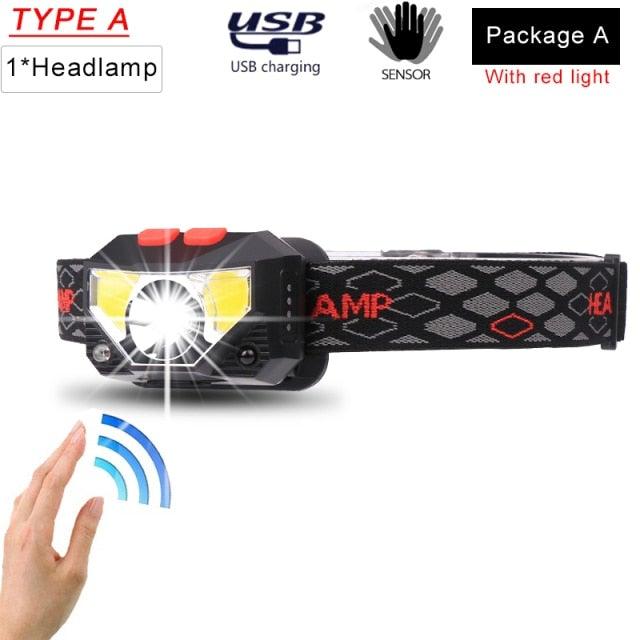 Rechargeable Powerful USB LED High Lumen Headlamp Ultra-Light Bright Headlight Waterproof Sensor Head Light For Outdoors Camping Running Hiking Biking Fishing