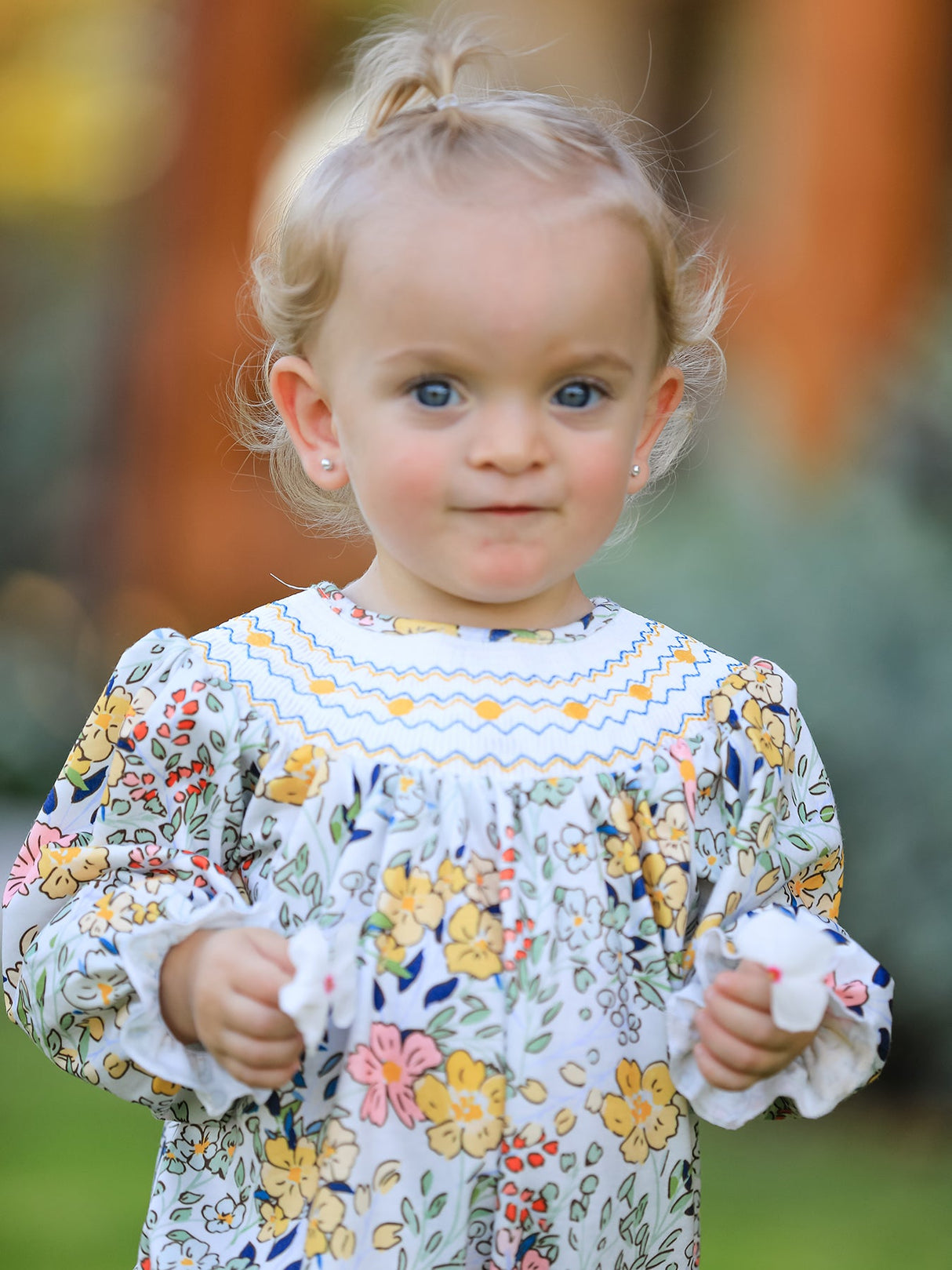 Fall Embroidery Smocking Bow Floral Leaf Baby Girls Romper