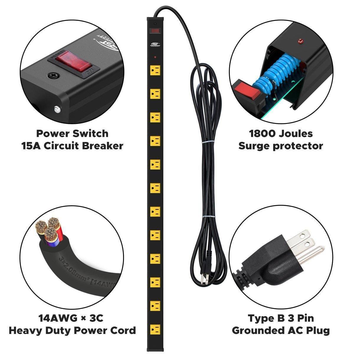 CRST Wideoutlets 2.6" Wide Spaced 12 Outlets Mountable Metal Power Strip Surge Protector with 1800 Joule Protection & EMI Filter Heavy Duty Construction 15A Circuit Breaker Included
