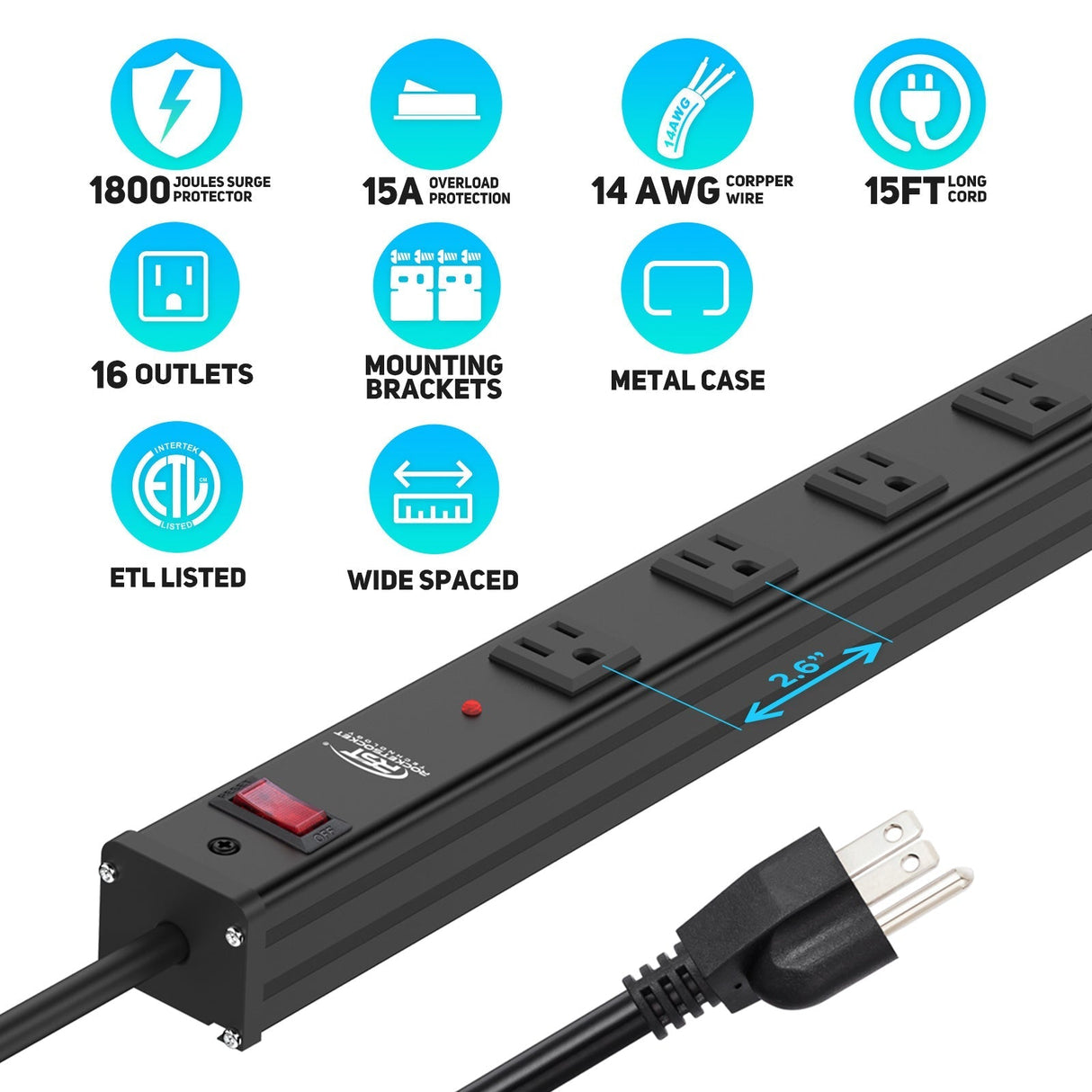 CRST 2.6" Wide Space 16 Outlets Mountable Metal Long Power Strip Surge Protector, Optional 15FT/6FT Power Cord, Mounting Brackets Included