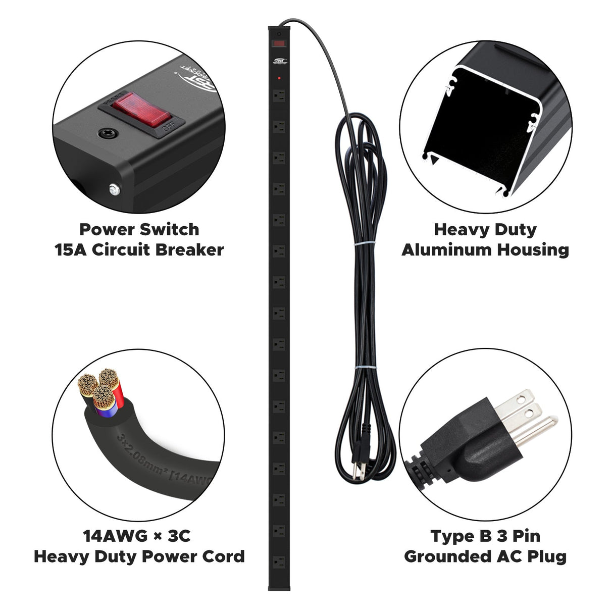 CRST 2.6" Wide Space 16 Outlets Mountable Metal Long Power Strip Surge Protector, Optional 15FT/6FT Power Cord, Mounting Brackets Included