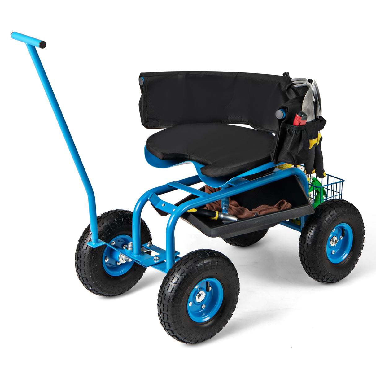 Rolling Garden Cart with Height Adjustable Swivel Seat and Storage Basket-Blue