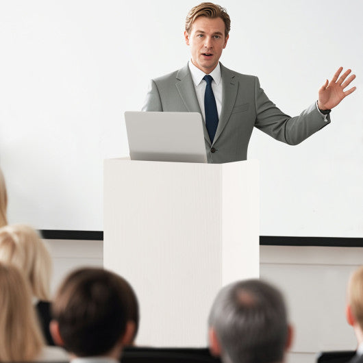 Rolling Podium Stand with 2 Shelves and Lockable Wheels-White