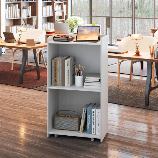 Rolling Podium Stand with 2 Shelves and Lockable Wheels-White