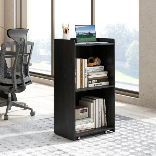 Rolling Podium Stand with 2 Shelves and Lockable Wheels-Black