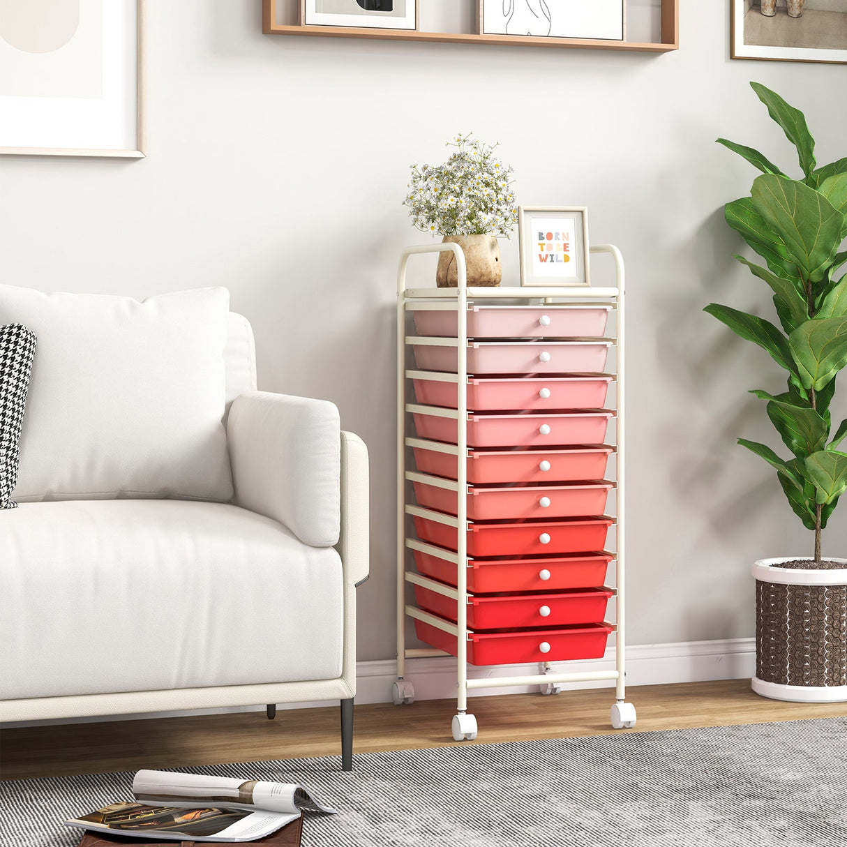 10 Drawer Rolling Storage Cart Organizer with 4 Universal Casters-Gradient Pink by DirectDeals
