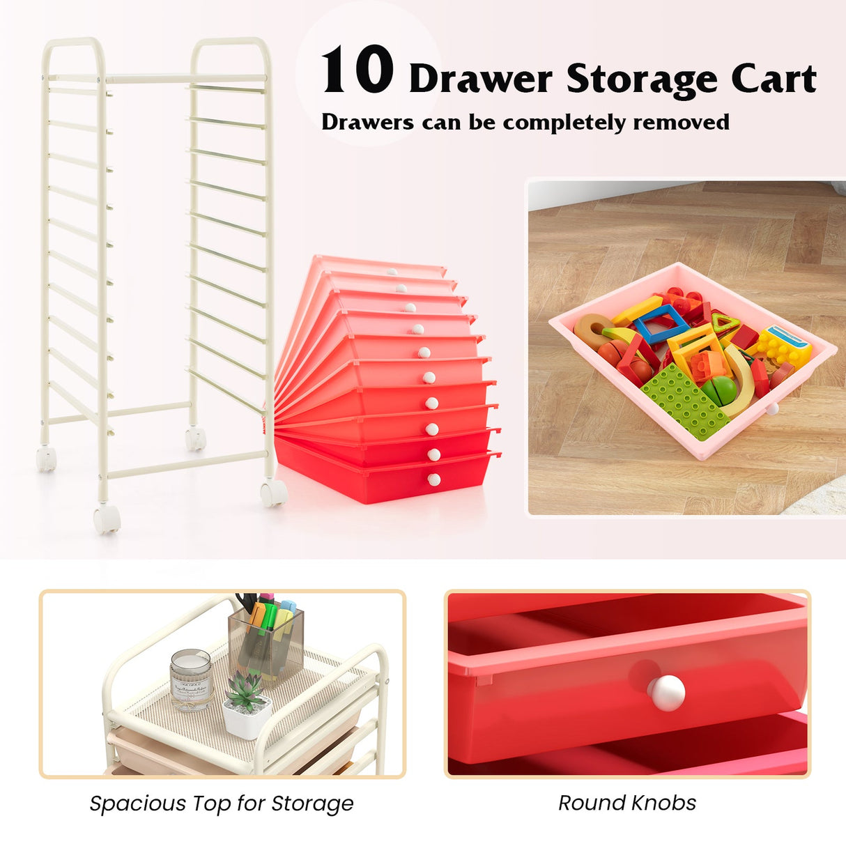 10 Drawer Rolling Storage Cart Organizer with 4 Universal Casters-Gradient Pink by DirectDeals
