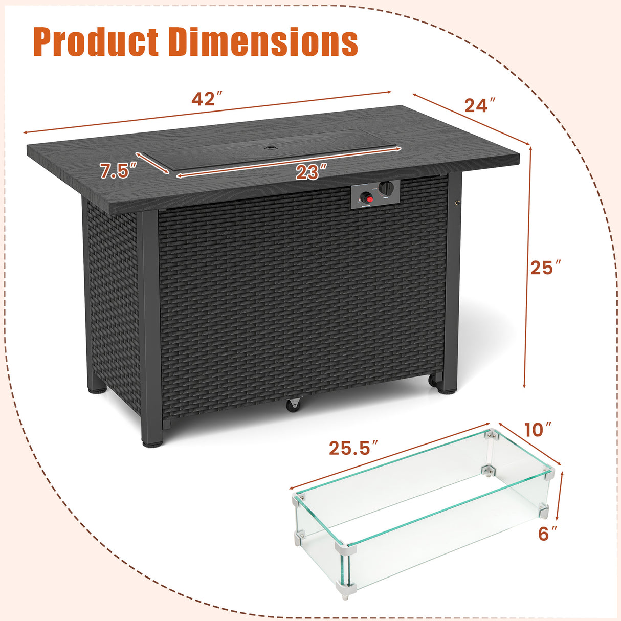 50000 BTU 2 Inch ropane Gas Fire Pit Table with Wind Guard and Glass Rocks-Black