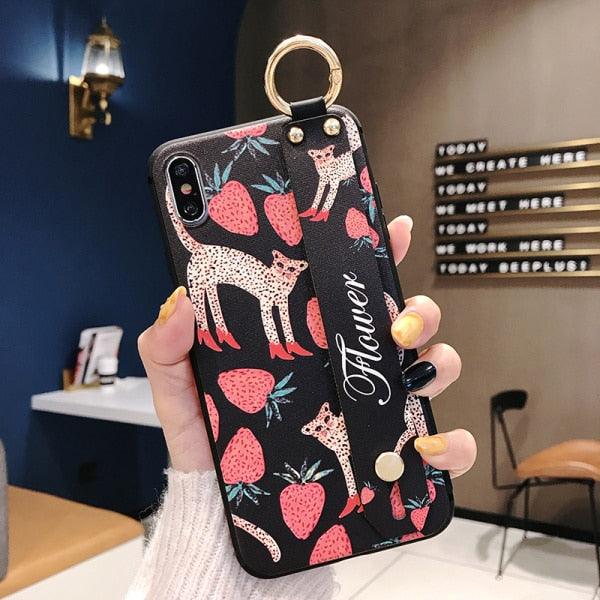 Rose Flowers Wrist Strap Phone Cases For iPhone 13 12 11 14 pro MAX X XR XS MAX 7 8 Plus Cover Hand Band Cases Soft Full Protection Slim Colorful Protective Phone Case For iPhone