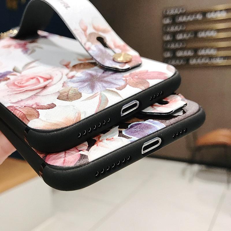 Rose Flowers Wrist Strap Phone Cases For iPhone 13 12 11 14 pro MAX X XR XS MAX 7 8 Plus Cover Hand Band Cases Soft Full Protection Slim Colorful Protective Phone Case For iPhone