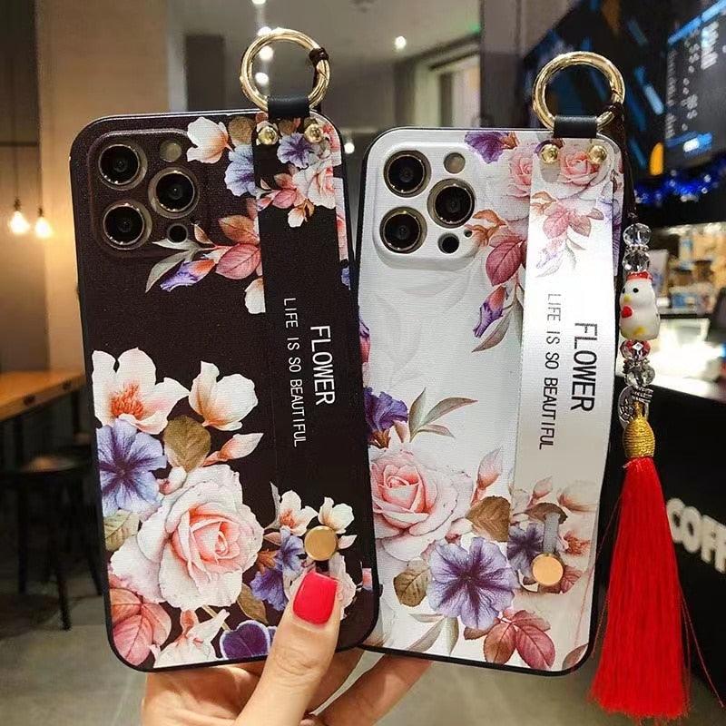 Rose Flowers Wrist Strap Phone Cases For iPhone 13 12 11 14 pro MAX X XR XS MAX 7 8 Plus Cover Hand Band Cases Soft Full Protection Slim Colorful Protective Phone Case For iPhone