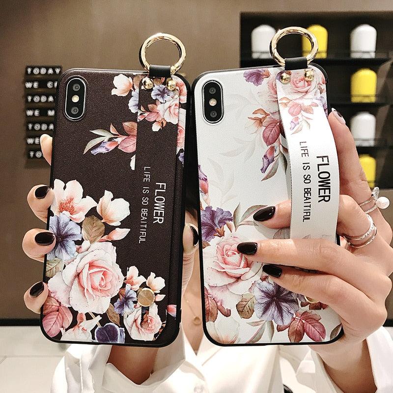 Rose Flowers Wrist Strap Phone Cases For iPhone 13 12 11 14 pro MAX X XR XS MAX 7 8 Plus Cover Hand Band Cases Soft Full Protection Slim Colorful Protective Phone Case For iPhone