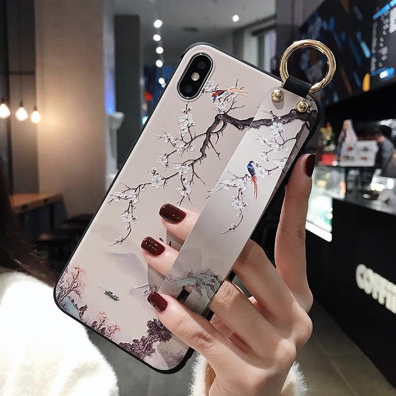 Rose Flowers Wrist Strap Phone Cases For iPhone 13 12 11 14 pro MAX X XR XS MAX 7 8 Plus Cover Hand Band Cases Soft Full Protection Slim Colorful Protective Phone Case For iPhone
