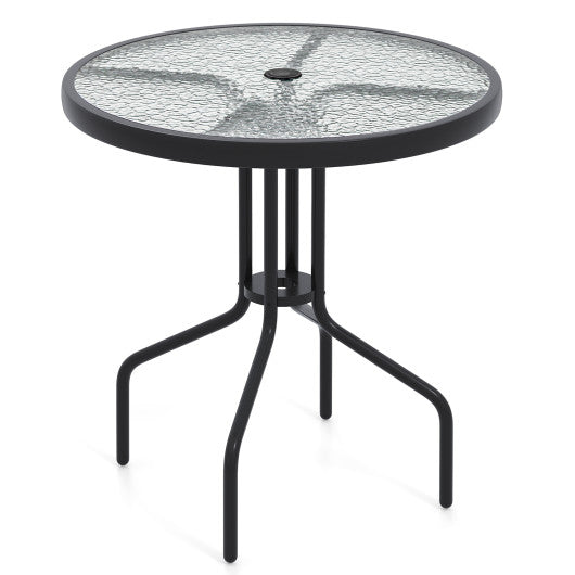 27.5 Inch Round Patio Dining Table with Rippled Tempered Glass Top for Backyard