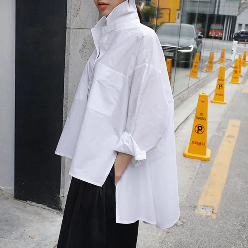 Women's White Loose Fit Irregular Long Sleeve Shirt