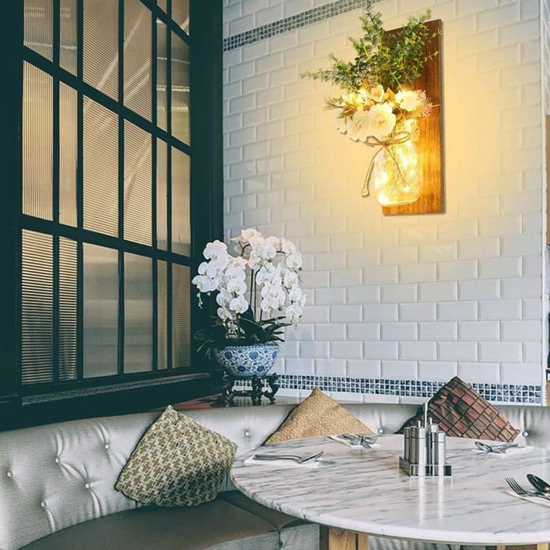 Rustic Wall Sconces Flower Lamp Mason Jar Sconce Handmade Wall Art Hanging Home Decoration 2 Set with LED Fairy Lights Decorative Peony Flower