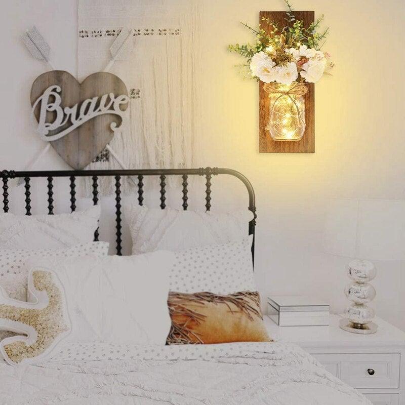 Rustic Wall Sconces Flower Lamp Mason Jar Sconce Handmade Wall Art Hanging Home Decoration 2 Set with LED Fairy Lights Decorative Peony Flower