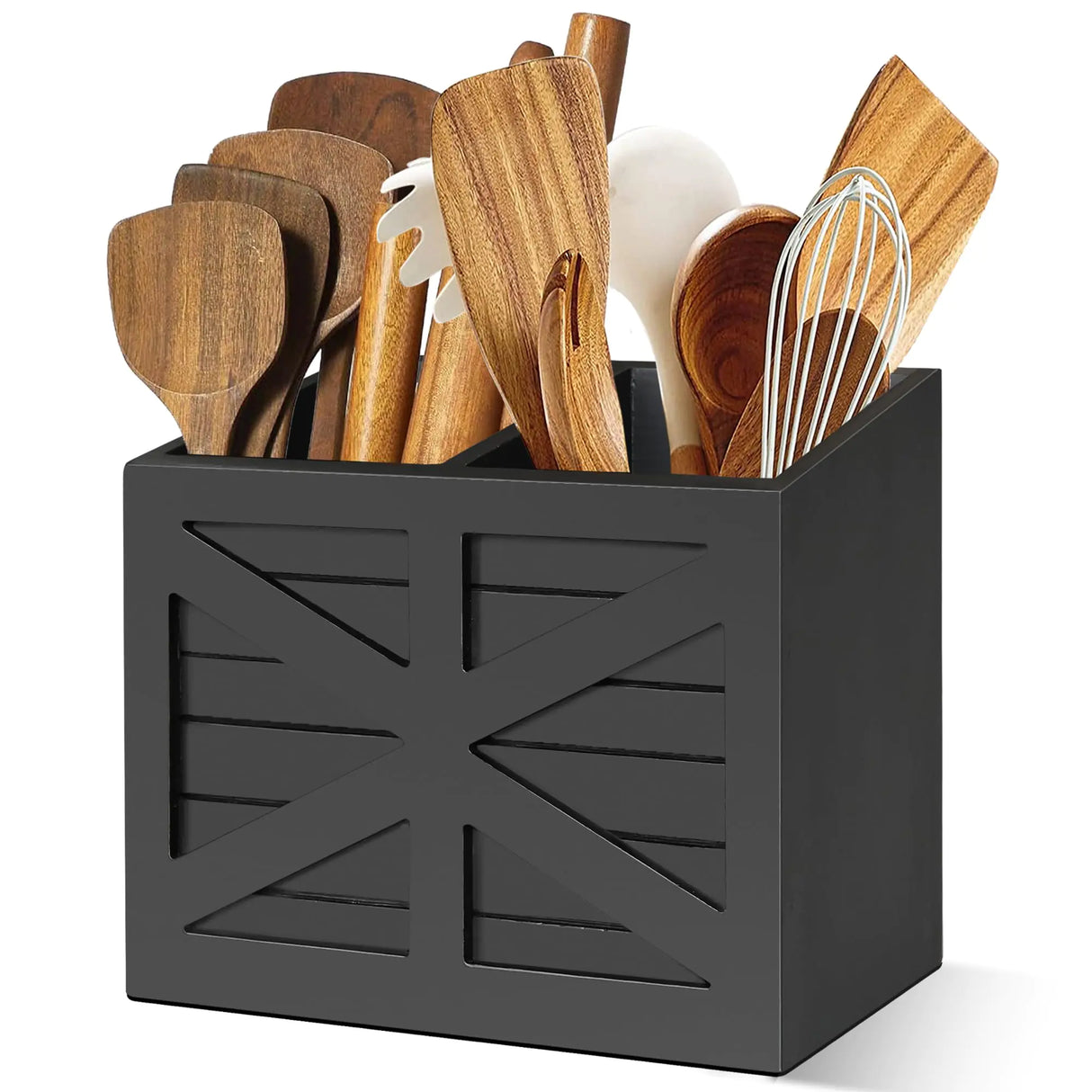 Uipame Wood Utensil Holder Large Kitchen Utensil Holder for Countertop Cooking Utensil Organizer for Flatware Black Utensil Caddy with 2 Compartments Rustic Utensils Organizer for Kitchen Counter