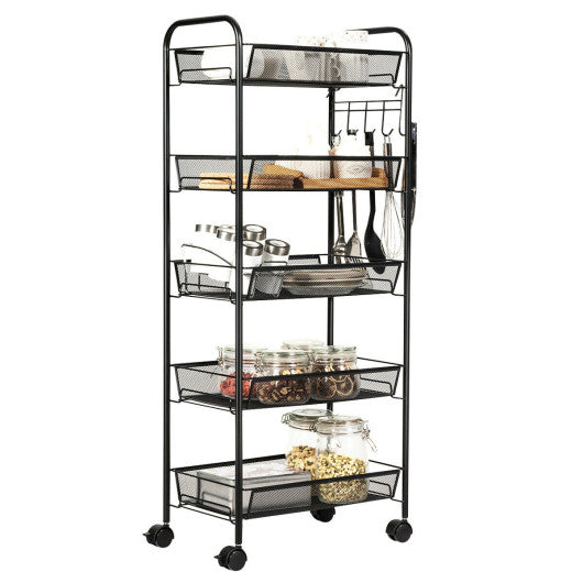 5 Tier Mesh Rolling File Utility Cart Storage Basket-Black